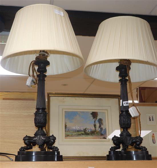 A pair of Regency style bronze table lamps